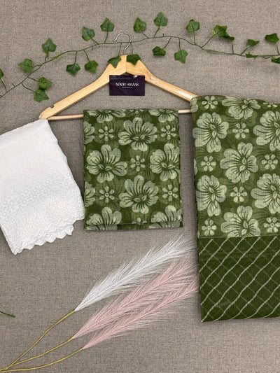 Trendy Kota Doria Floral Print Suit with Chikankari Bottom olive green