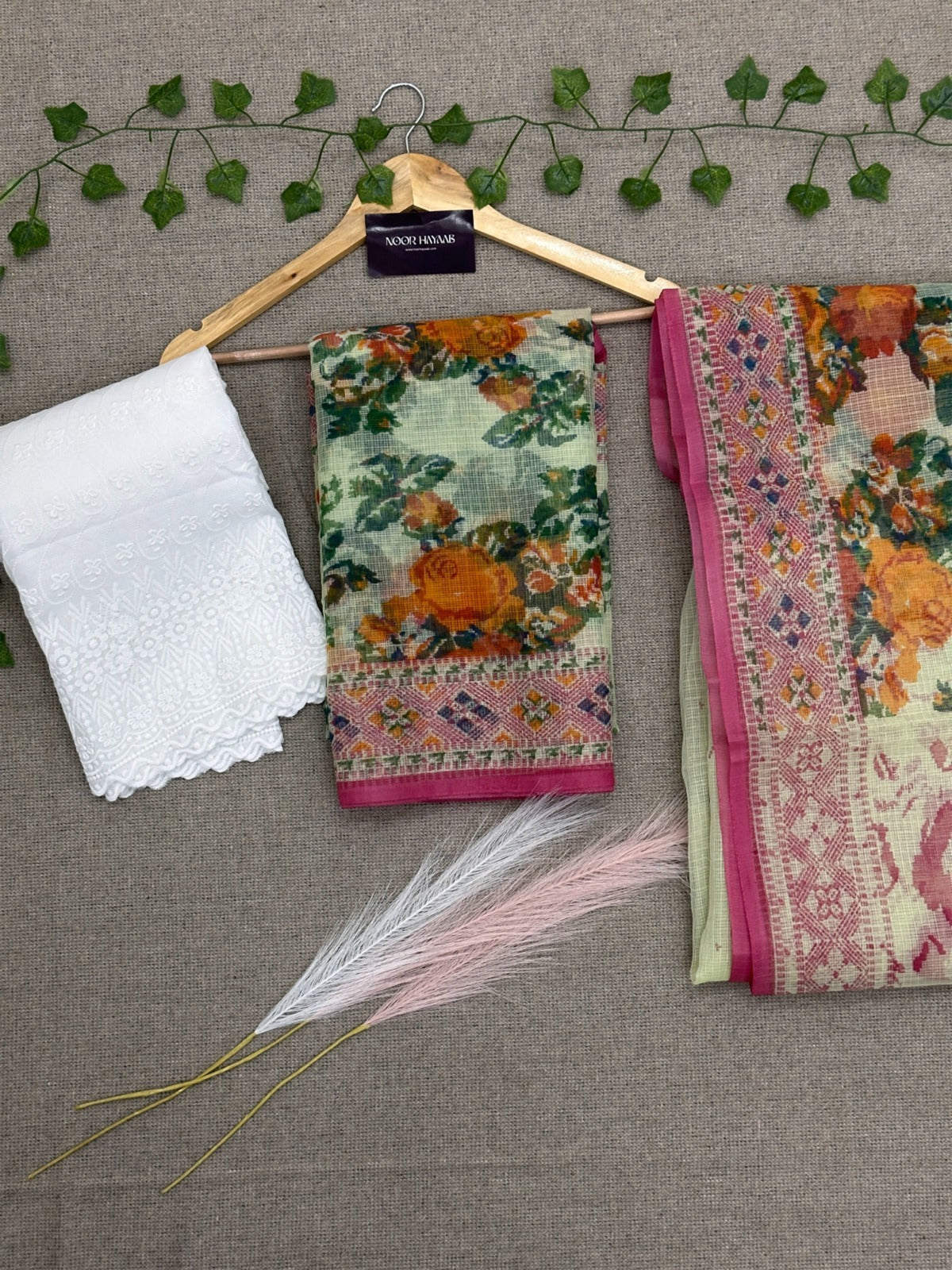 Kota Doria Floral Print Suit with Chikankari Bottom