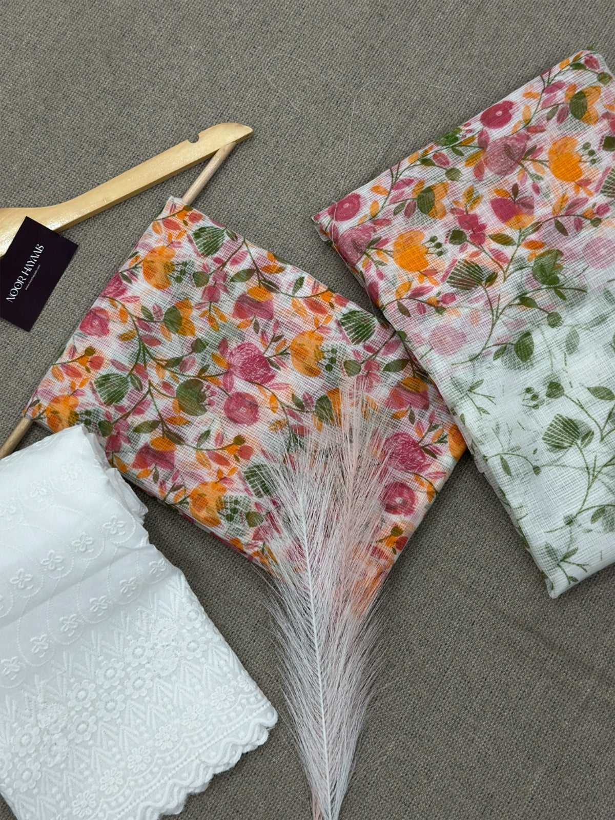 Kota Doria Floral Print Suit with Chikankari Bottom