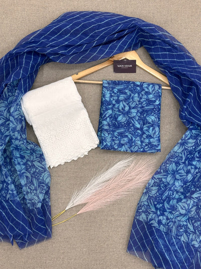 Kota Doria Floral Print Suit with Chikankari Bottom Blue