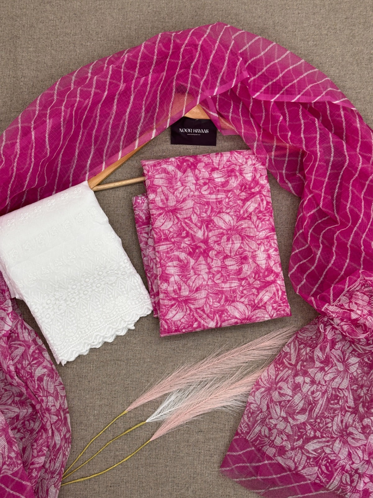 Kota Doria Floral Print Suit with Chikankari Bottom Pink