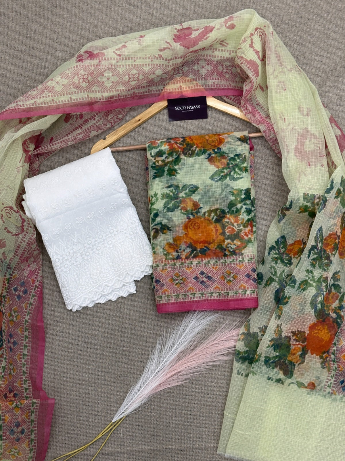 Kota Doria Floral Print Suit with Chikankari Bottom