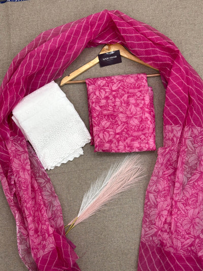 Kota Doria Floral Print Suit with Chikankari Bottom Rani pink