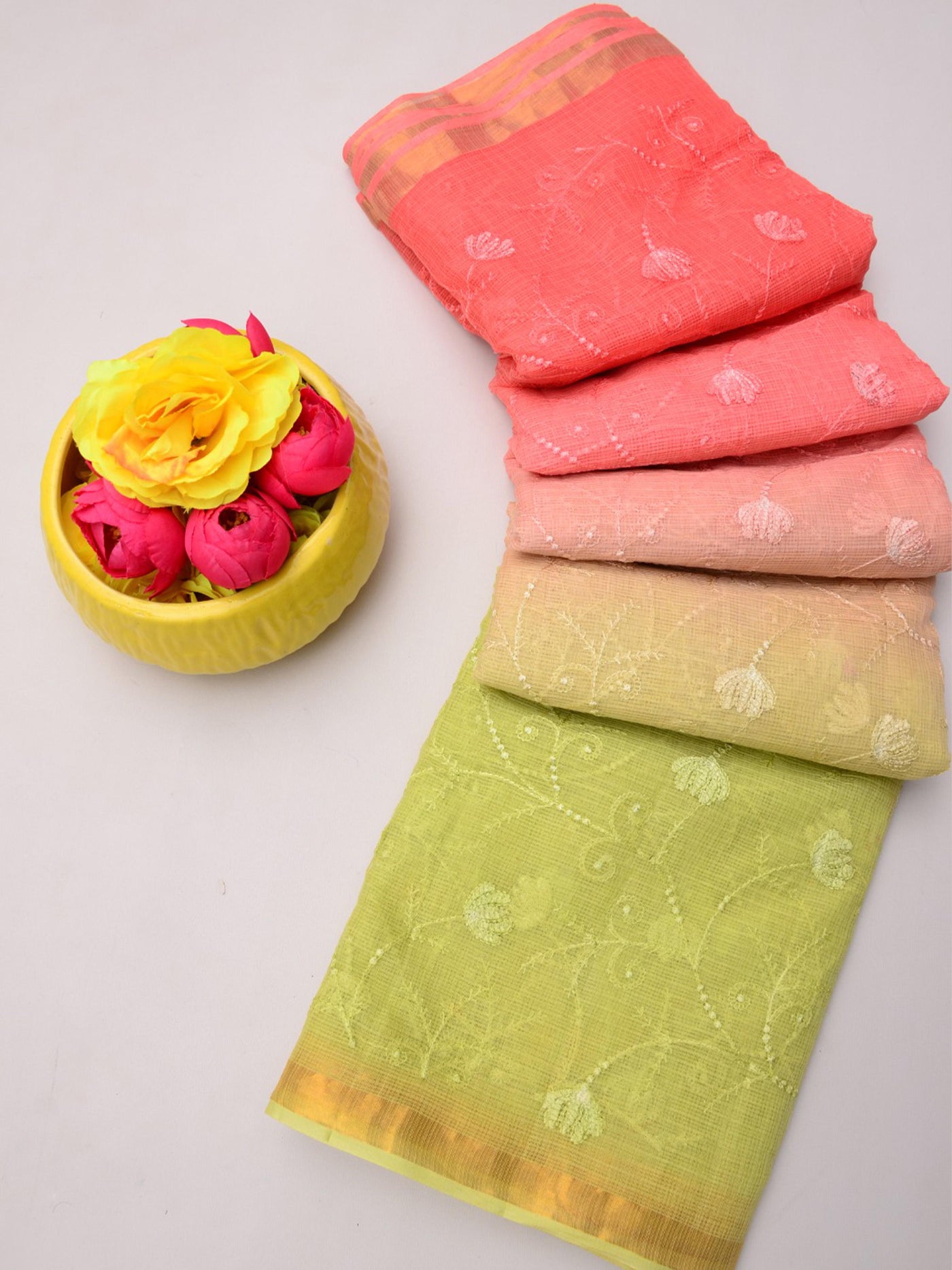 Pure Kota Doria Floral Weave Saree in Multicolored Shades Green-Peach Ombre
