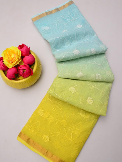 Pure Kota Doria Floral Weave Saree in Multicolored Shades Yellow- Sky Blue Ombre