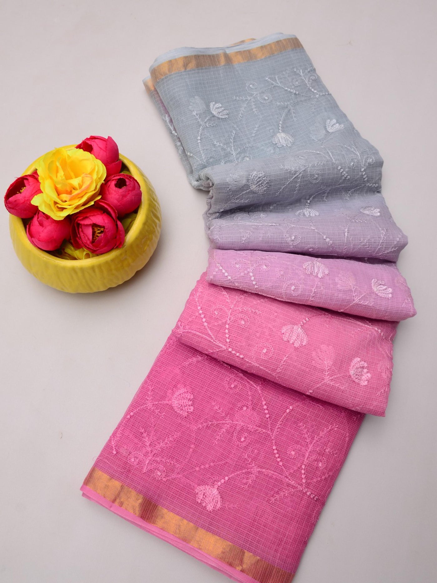 Pure Kota Doria Floral Weave Saree in Multicolored Shades Grey-Pink Ombre