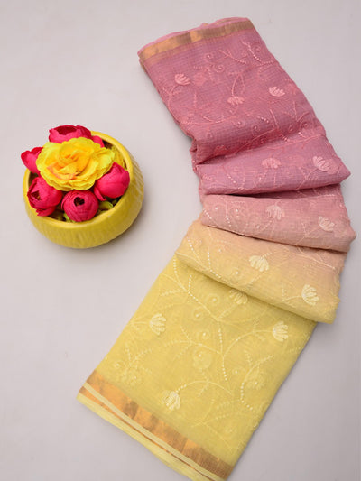 Pure Kota Doria Floral Weave Saree in Multicolored Shades Lemon-Peach Ombre