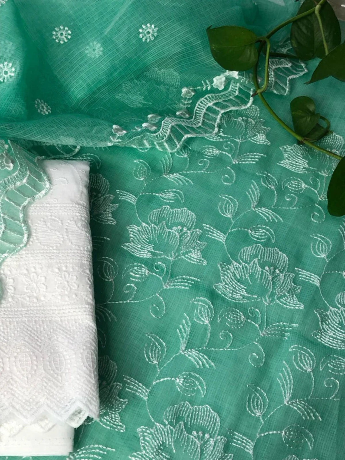 Sea Green Kota Doria Embroidery Suit Set