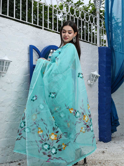 Sea Green Kota Doria Hand-Painted Unstitched Suit
