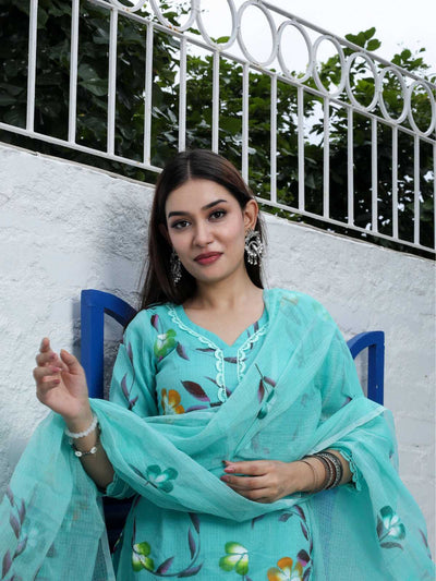 Sea Green Kota Doria Hand-Painted Unstitched Suit