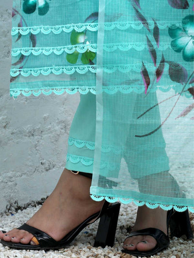 Sea Green Kota Doria Hand-Painted Unstitched Suit