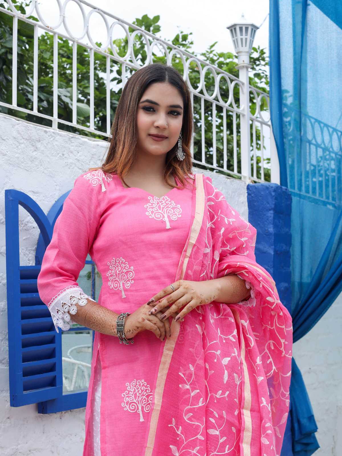 Pink Mix Cotton Kota Doria Embroidery Unstitched Suit Set