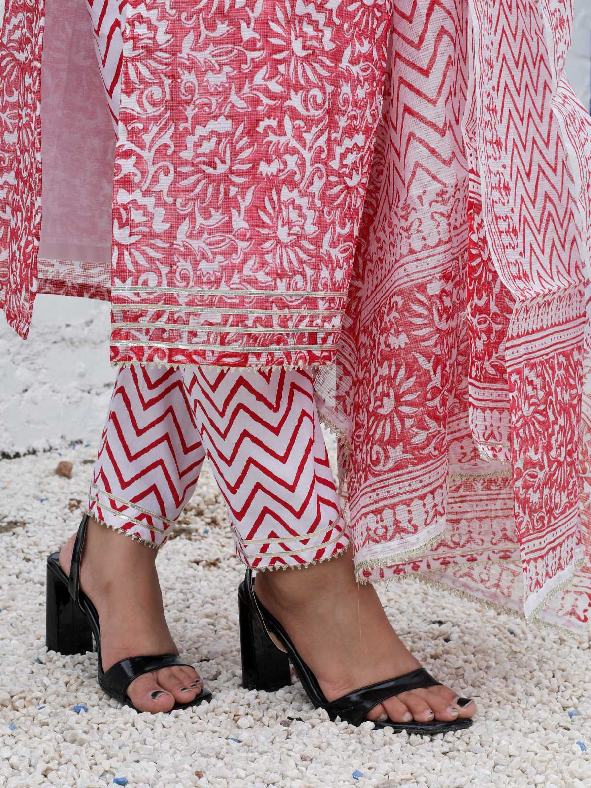 Light Red Cotton Kota Doria Block Print Unstitched Suit