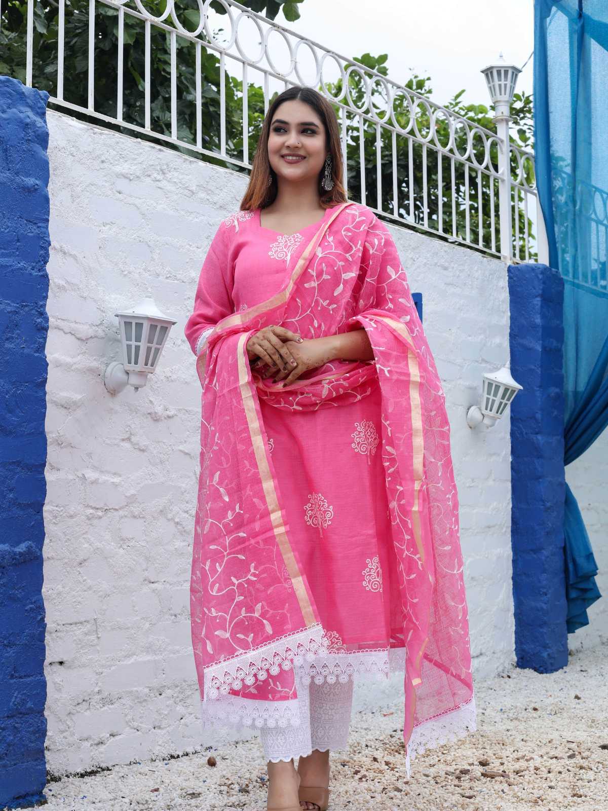 Pink Mix Cotton Kota Doria Embroidery Unstitched Suit Set