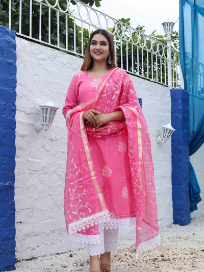 Pink Mix Cotton Kota Doria Embroidery Unstitched Suit Set