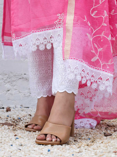 Pink Mix Cotton Kota Doria Embroidery Unstitched Suit Set