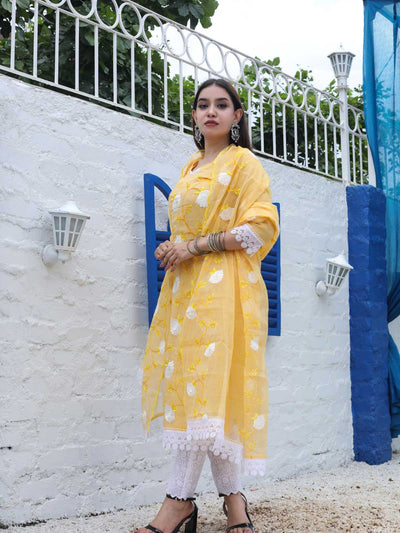 Yellow Mix Cotton Kota Doria Embroidery Unstitched Suit Set