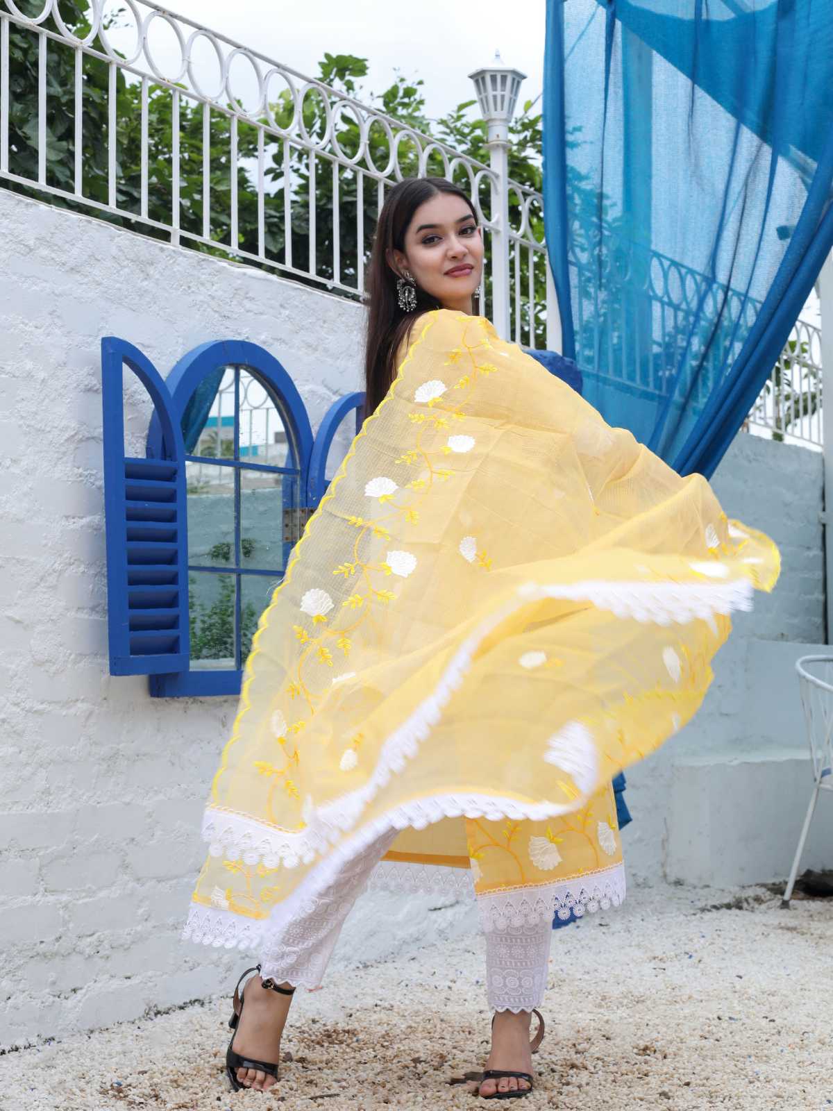 Yellow Mix Cotton Kota Doria Embroidery Unstitched Suit Set