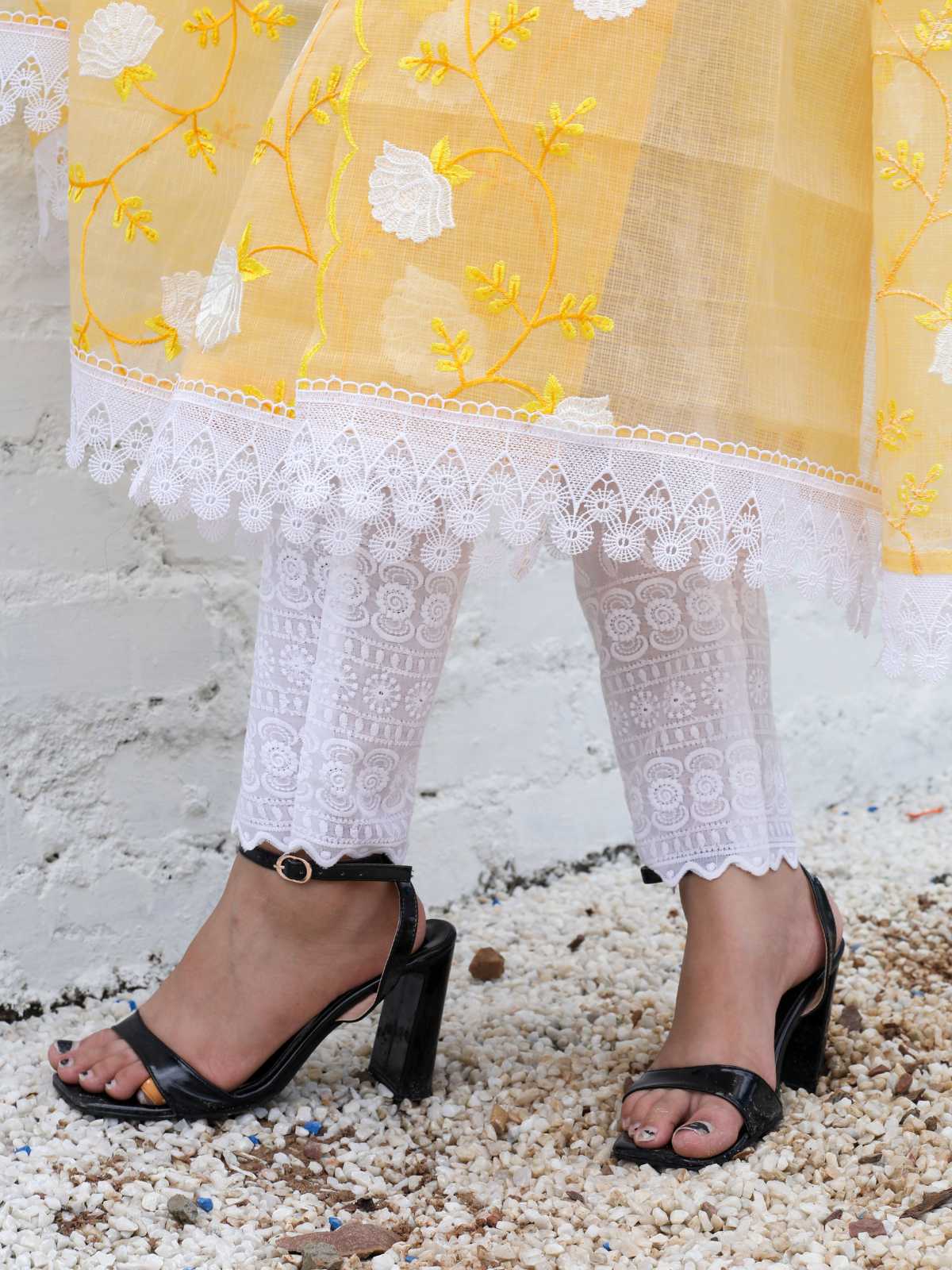 Yellow Mix Cotton Kota Doria Embroidery Unstitched Suit Set