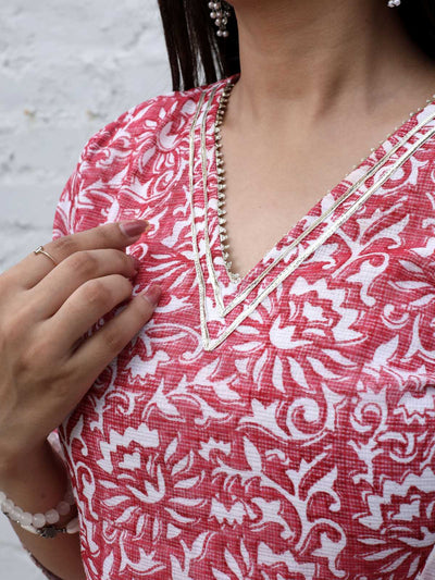 Light Red Cotton Kota Doria Block Print Unstitched Suit