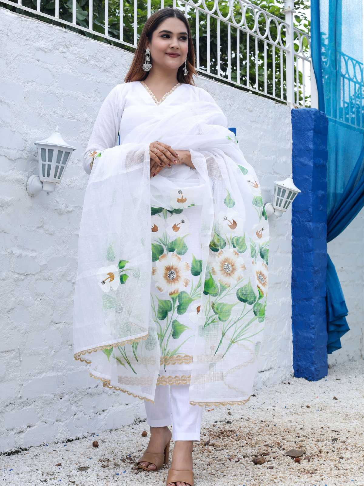 White Kota Doria Hand-Painted Unstitched Suit – Best Seller