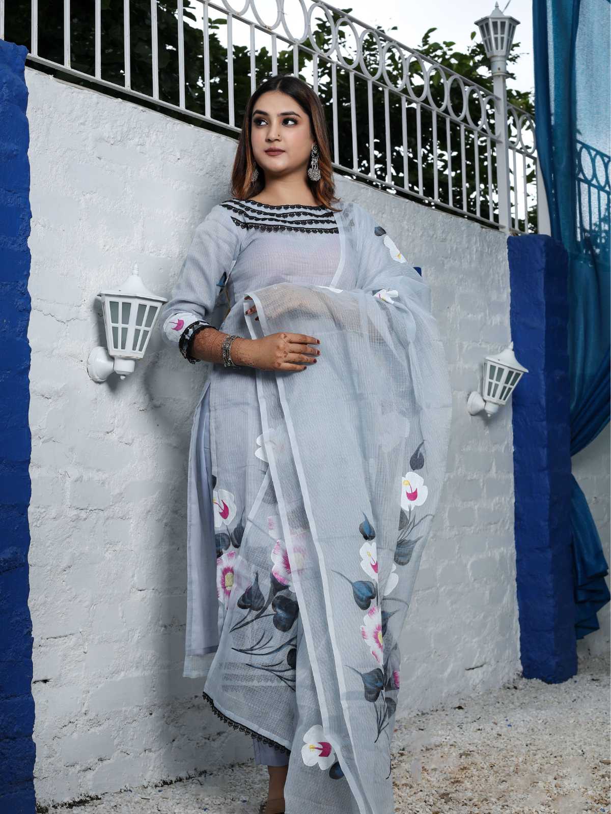 Grey Kota Doria Hand-Painted Unstitched Suit