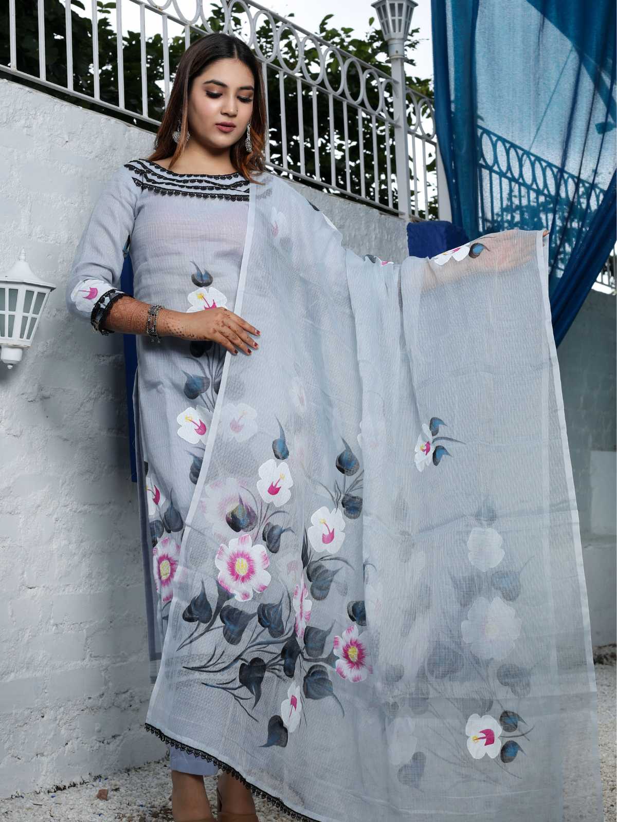 Grey Kota Doria Hand-Painted Unstitched Suit