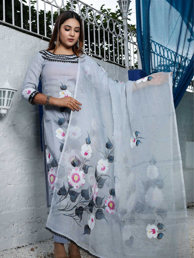 Grey Kota Doria Hand-Painted Unstitched Suit