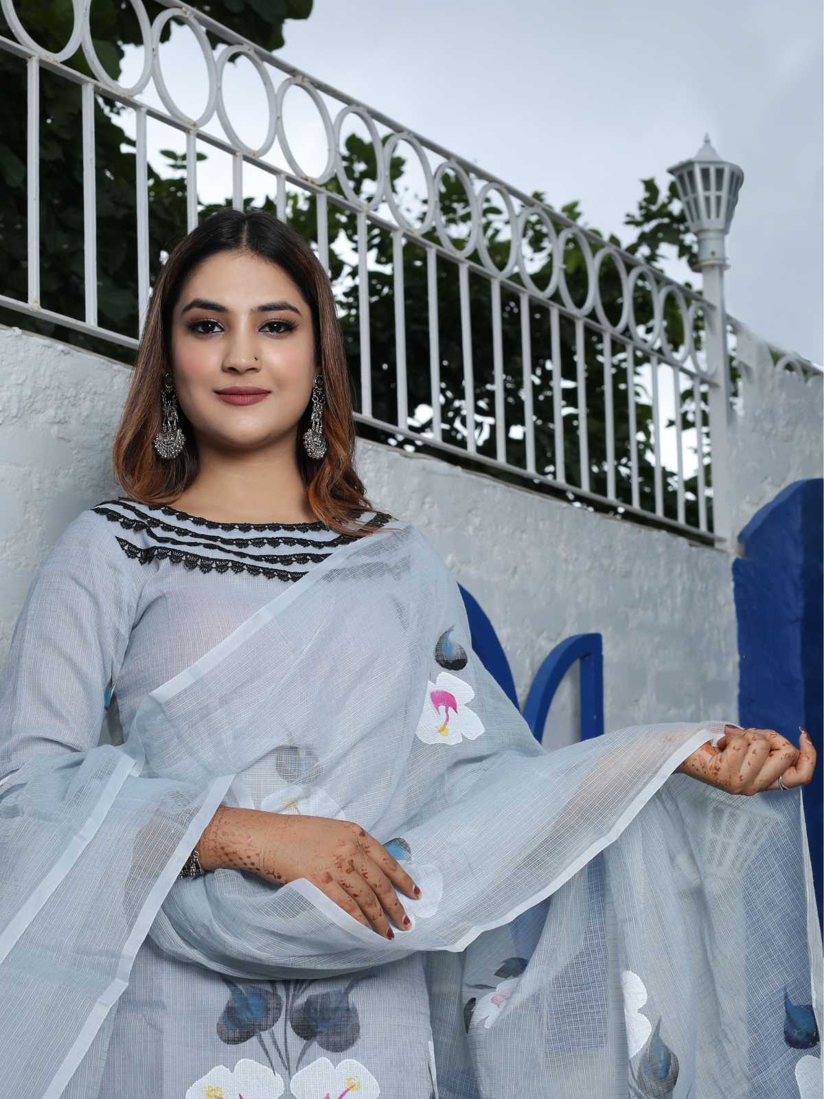 Grey Kota Doria Hand-Painted Unstitched Suit