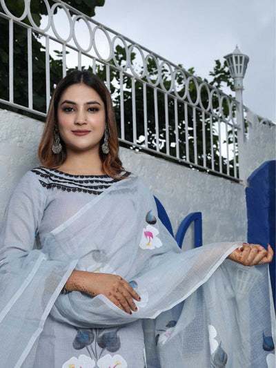 Grey Kota Doria Hand-Painted Unstitched Suit
