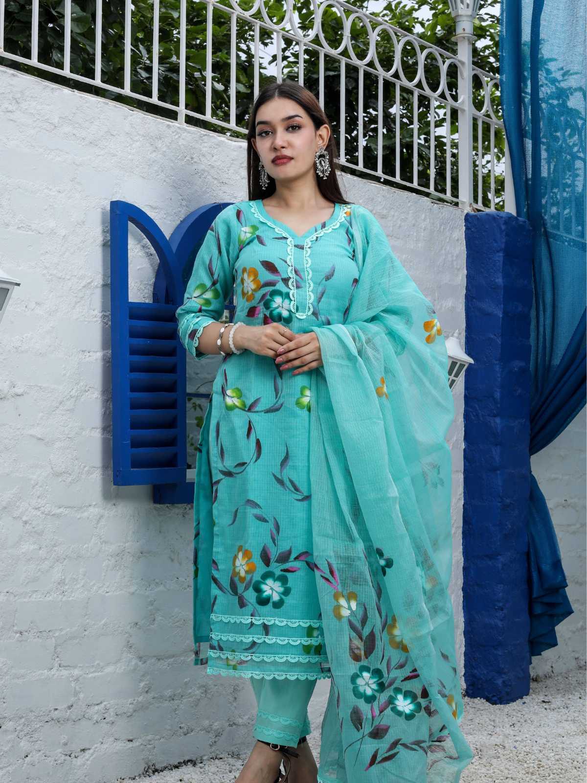 Sea Green Kota Doria Hand-Painted Unstitched Suit