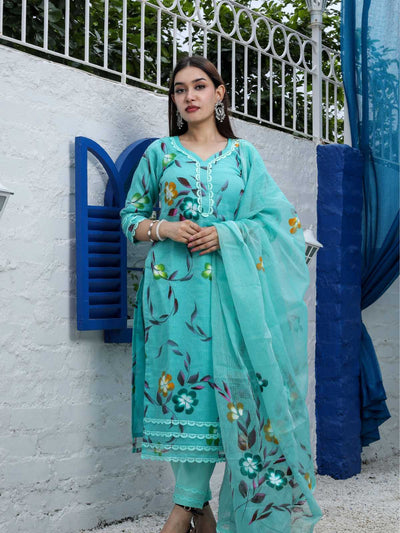 Sea Green Kota Doria Hand-Painted Unstitched Suit
