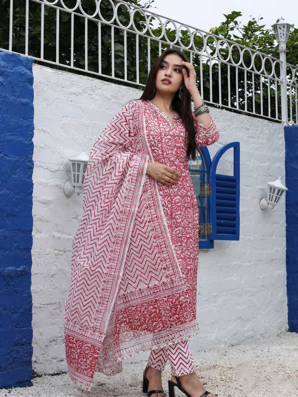Light Red Cotton Kota Doria Block Print Unstitched Suit