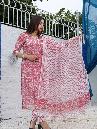 Light Red Cotton Kota Doria Block Print Unstitched Suit