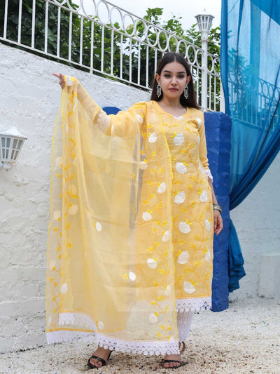 Yellow Mix Cotton Kota Doria Embroidery Unstitched Suit Set