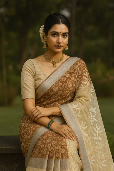 Kota Doria Embroidery Work Saree with Floral Print