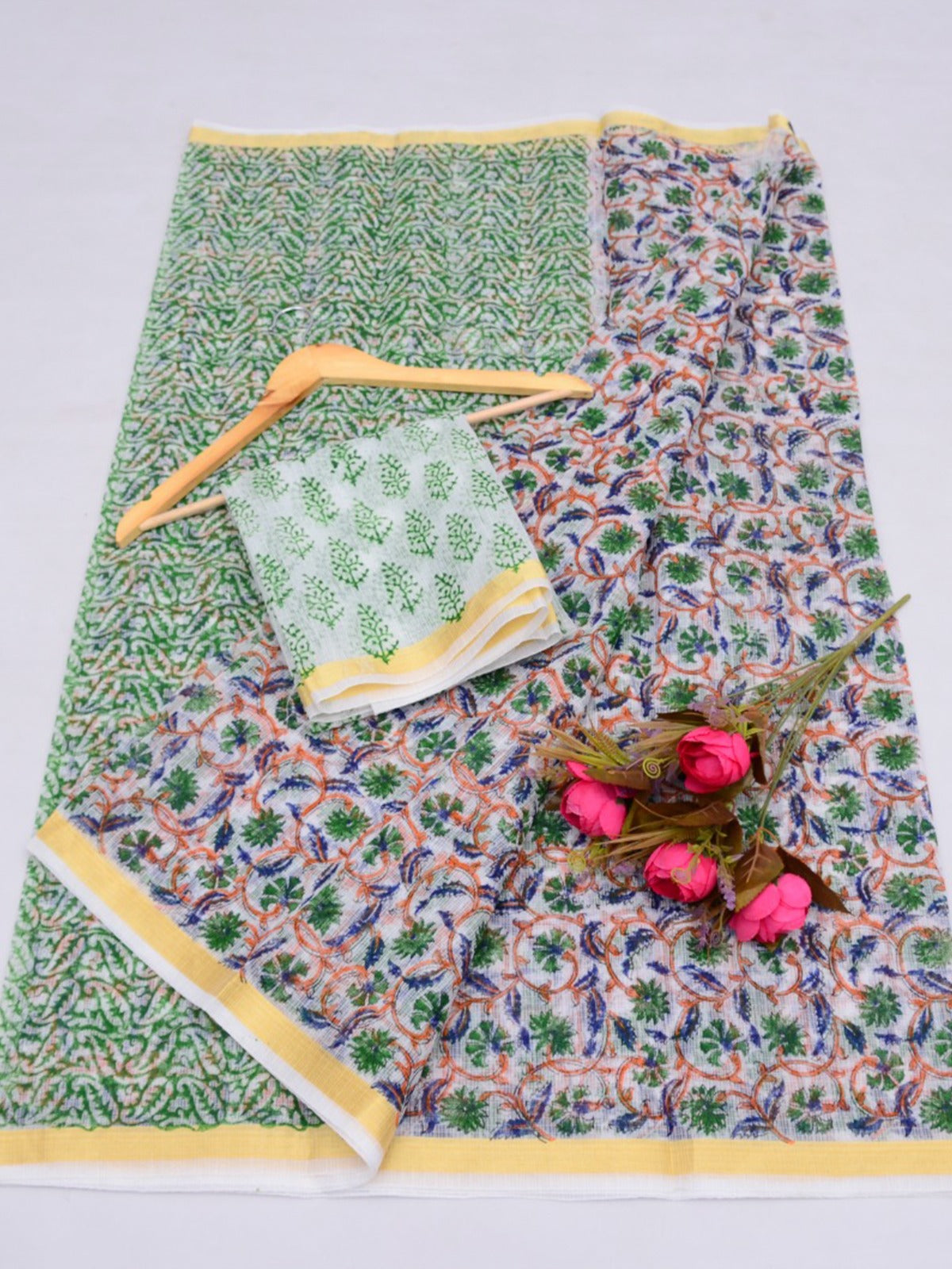 Kota Doria Hand Block Print Saree Green
