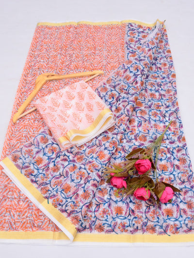 Kota Doria Hand Block Print Saree Orange
