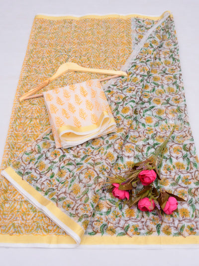 Kota Doria Hand Block Print Saree Yellow