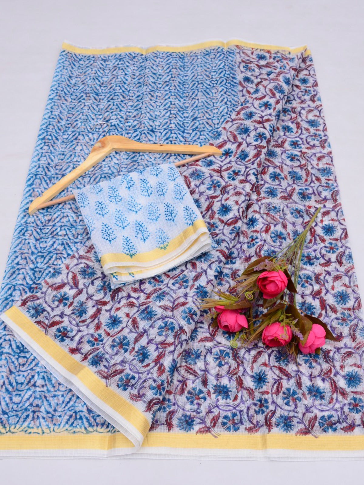 Kota Doria Hand Block Print Saree sky blue