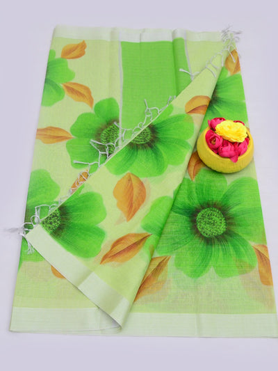 Floral Hand Painted Linen Saree with Blouse Green