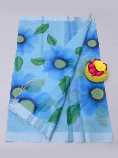 Floral Hand Painted Linen Saree with Blouse sky blue