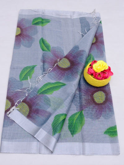 Floral Hand Painted Linen Saree with Blouse Gray