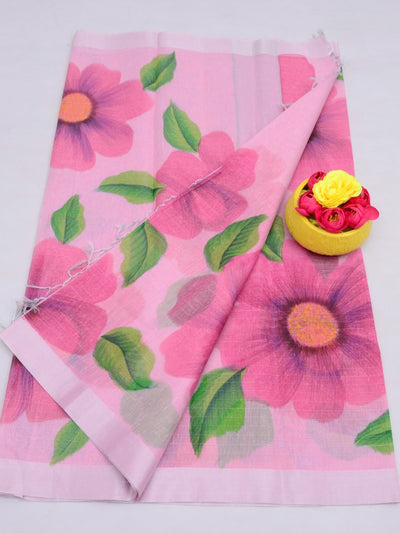 Floral Hand Painted Linen Saree with Blouse Pink
