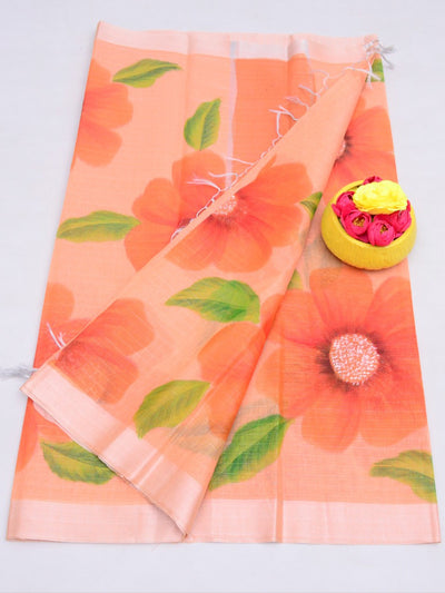 Floral Hand Painted Linen Saree with Blouse Orange