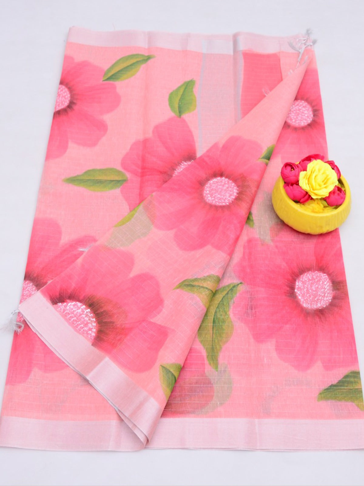 Floral Hand Painted Linen Saree with Blouse Peach