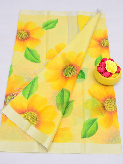 Floral Hand Painted Linen Saree with Blouse Yellow