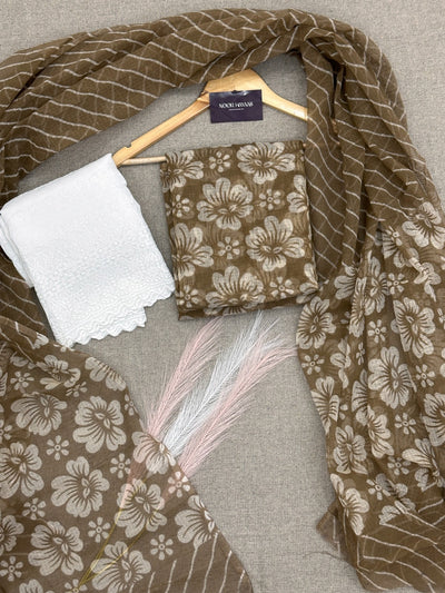 Trendy Kota Doria Floral Print Suit with Chikankari Bottom Brown